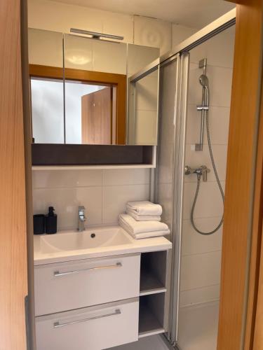 y baño con lavabo y ducha. en StayEasy Apartments Graz A5, en Graz