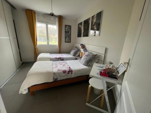 een kleine slaapkamer met 2 bedden en een bureau bij Chez Christiane Et Gerard in Orthez