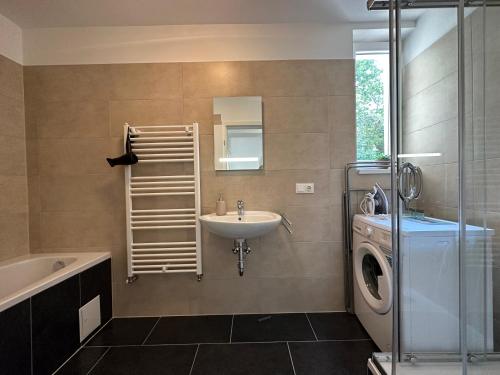 La salle de bains est pourvue d'un lavabo et d'un lave-linge. dans l'établissement FeelHome-GolfClub-Terrasse-6 Gäste-WiFi-Smart TV, à Ebreichsdorf