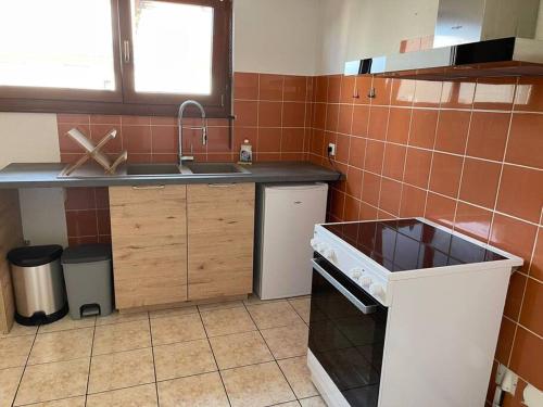 Una pequeña cocina con fregadero y estufa. en Appartement de 115m2 à 10 min de Strasbourg & 25 min d'Europa Park !, en Illkirch-Graffenstaden