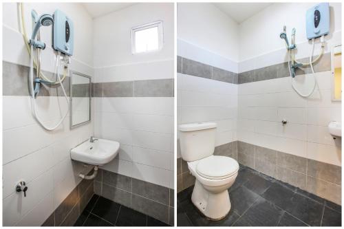 Duas fotografias de uma casa de banho com WC e lavatório. em OYO 89660 Raudhah Inn Hotel em Kampong Bukit Kechil