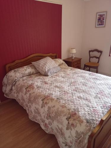 a bedroom with a large bed with a comforter at aurelie in Saint-Pierre-le-Moûtier
