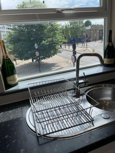 a kitchen sink with a dish drying rack and a window at A Lovely 1 Bedroom Flat / Modern-Cosy in London
