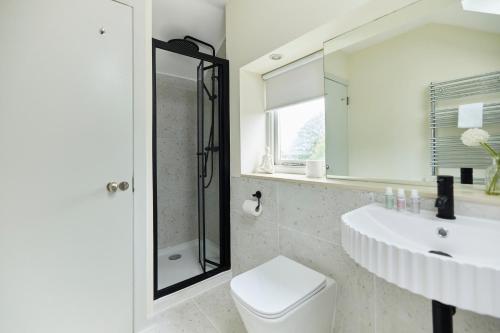 a white bathroom with a toilet and a sink at The Brimmington Park Escape - Lovely 3BDR House with Study Room + Garden in London