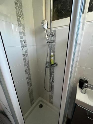 une salle de bain avec douche et lavabo dans l'établissement Maison a coté de Giverny, à Saint-Pierre-dʼAutils