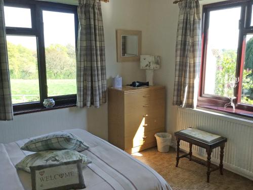 a bedroom with a bed and two windows at Rose Cottage in Cheriton Bishop