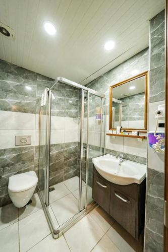 a bathroom with a shower and a toilet and a sink at Hamit Hotel Kizilay in Ankara