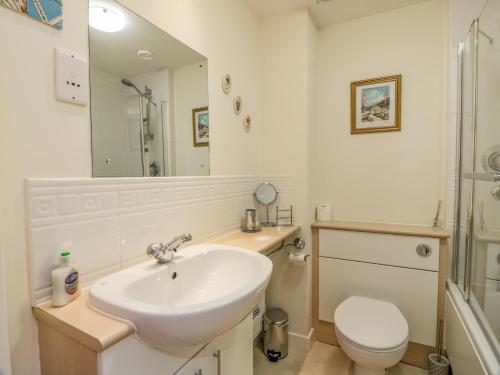 a bathroom with a sink and a toilet and a mirror at Tweed Apartment in Darnick