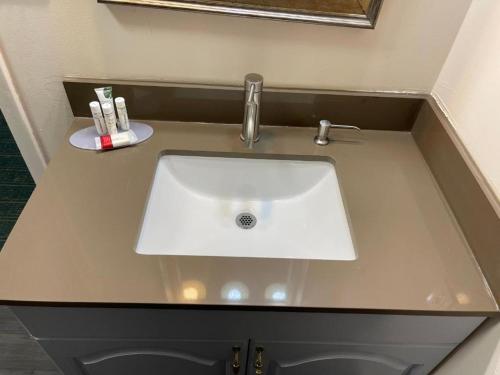 a white sink in a bathroom with a mirror at Camp Inn Lodge in Au Sable