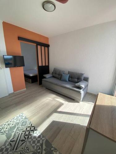 - un salon avec un canapé dans l'angle de la chambre dans l'établissement Appartement rénové à 150 m de la plage le BARCARES, au Barcarès