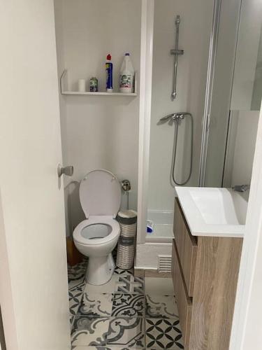 une petite salle de bain avec toilettes et lavabo dans l'établissement Appartement rénové à 150 m de la plage le BARCARES, au Barcarès