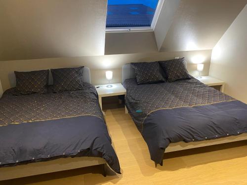 um quarto com duas camas e duas mesas de cabeceira em Superbe Maison Jacuzzi+Piscine au cœur des vignes em Pfaffenheim