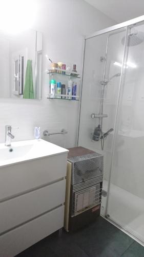 uma casa de banho com um chuveiro, um lavatório e um WC. em Habitacions Cal Gueles em Sanahuja