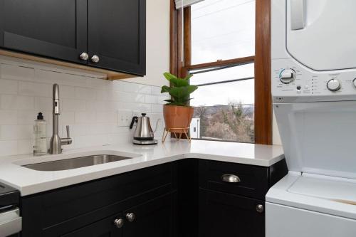 a kitchen with black cabinets and a sink and a window at Luxury Multi-unit Historic Building Near Downtown in Roanoke