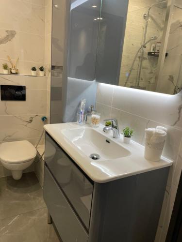 Un baño con lavabo, inodoro y espejo. en Cosy Studio paris 16 Victor Hugo, en París