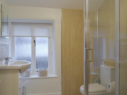 La salle de bains est pourvue de toilettes, d'un lavabo et d'une douche. dans l'établissement Brookside Cottage, à Forton