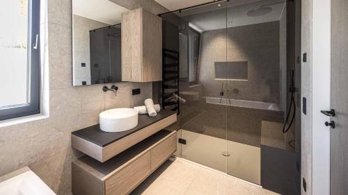 a bathroom with a sink and a shower at Panorama Eagle Lodge in Hart im Zillertal