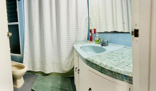 La salle de bains est pourvue d'un lavabo et de toilettes. dans l'établissement The Guest House 1 at the booming center of Miraflores, Lima - Peru, à Lima