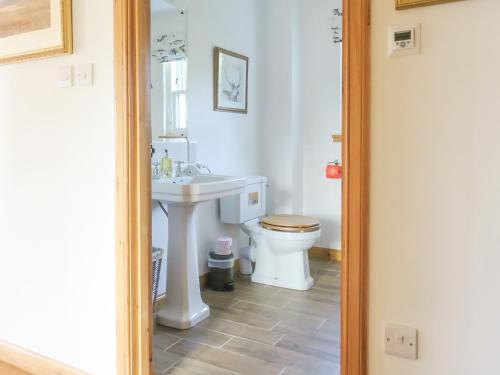 een badkamer met een witte wastafel en een toilet bij Tummel Cottage in Foss