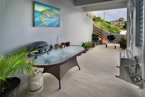 a patio with a table and potted plants at Scotland Villa 2 in St Thomas