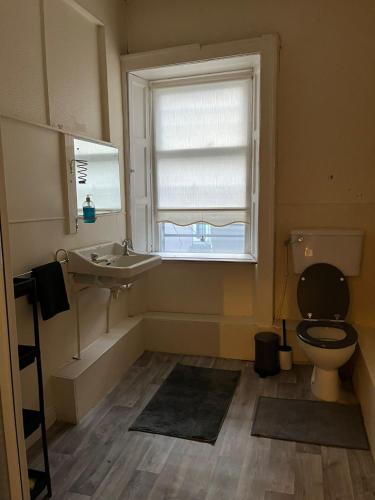 La salle de bains est pourvue de toilettes, d'un lavabo et d'une fenêtre. dans l'établissement Lovely Flat Like Your Home, à Dublin