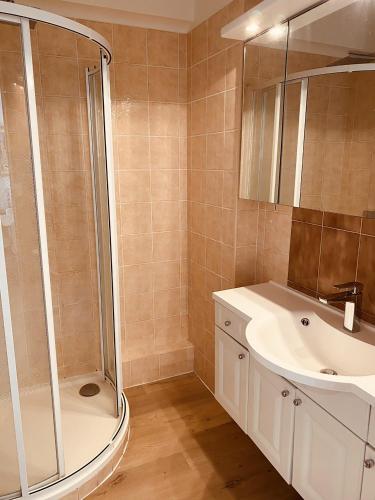 une salle de bain avec douche et lavabo dans l'établissement BOU3 - Appartement climatisé, 2 chambres à quelques mètres de la Croisette, à Cannes