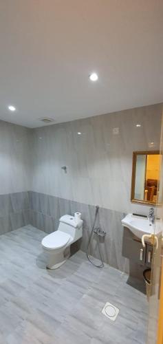 een badkamer met een toilet, een wastafel en een spiegel bij درة الراشد للشقق المخدومة in Hafr Al Baten