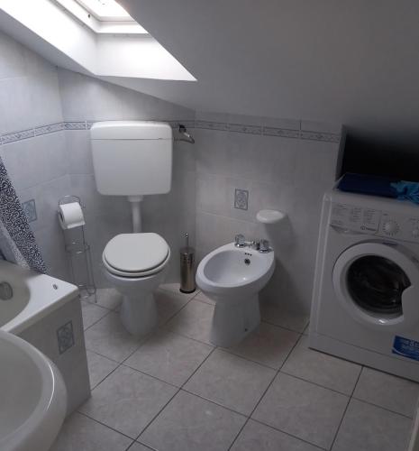 ein Badezimmer mit einem WC, einem Waschbecken und einer Waschmaschine in der Unterkunft Romano's House in Castel di Lama