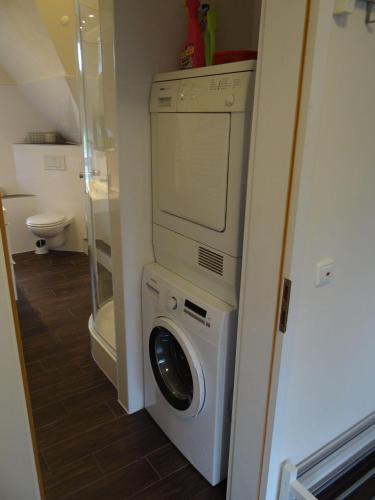 a washer and dryer in a small bathroom at Ferienwohnung-DG-im-Reetdachhaus-im-Ort-Welt in Welt