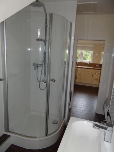 a bathroom with a shower and a sink at Ferienwohnung-DG-im-Reetdachhaus-im-Ort-Welt in Welt