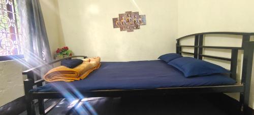 a bedroom with a bed with blue sheets and aicter at Mirik Homestay in Mirik