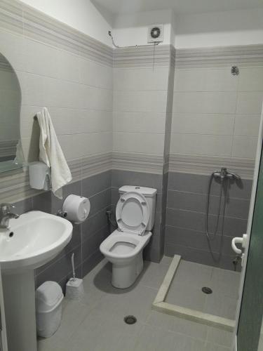 ein Bad mit einem WC, einem Waschbecken und einer Dusche in der Unterkunft Hotel Unik in Pogradec