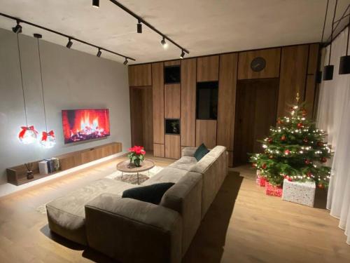 a living room with a couch and a christmas tree at Feel in forest in Vilnius