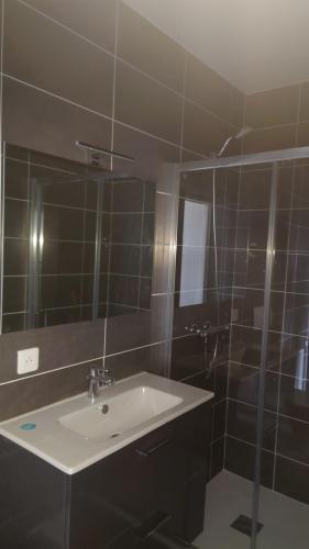 une salle de bain avec un lavabo et un miroir dans l'établissement Appartement de la tour, à Connaux
