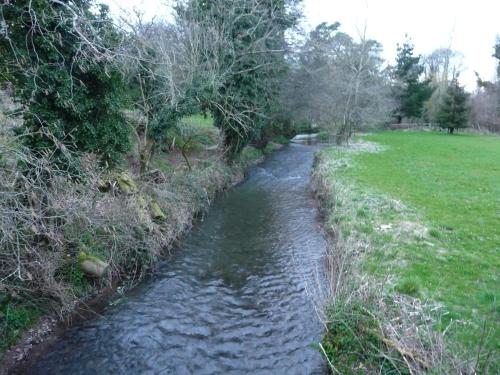 a stream of water next to a field with trees at Brambles Bed and Breakfast in Tiverton
