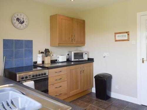 a kitchen with a sink and a microwave on a counter at Cherrytree Cottage in Loftus