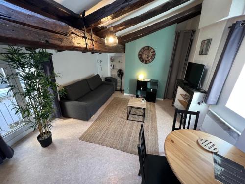 un salon avec un canapé et une table dans l'établissement Studio cosy Hyper Centre Grenoble, à Grenoble