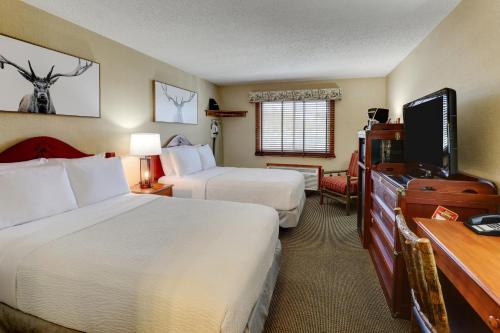 um quarto de hotel com duas camas e uma televisão de ecrã plano em Stoney Creek lnn Galena em Galena