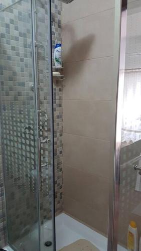 a shower with a glass door in a bathroom at Casa das Matriarcas- Casa da Avó Raquel in Belmonte