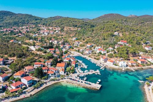 una vista aerea di una piccola città sull'acqua di Villa Mare Vista a Žman