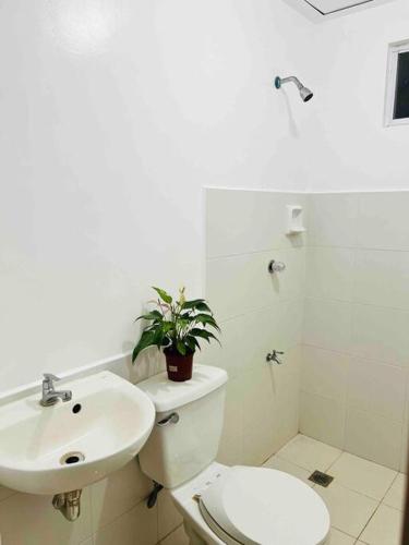 a white bathroom with a toilet and a sink at Cara Transient house in San Pablo