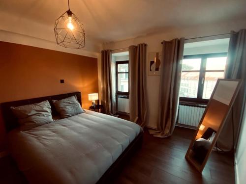 a bedroom with a large bed and two windows at Appartement en centre-ville in Saint-Avold