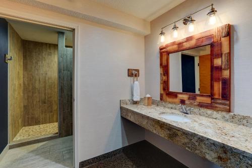 a bathroom with a sink and a mirror and a shower at Stoney Creek Hotel Peoria in Peoria