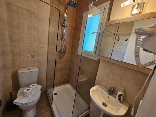 e bagno con doccia, servizi igienici e lavandino. di Corfu Dream Holidays Villas 9-1 a Glifada (Glyfada)