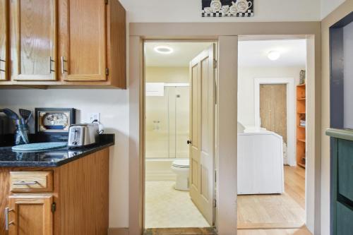 uma casa de banho com um lavatório e um WC num quarto em Hillsborough Village Retreat Walk to River! 