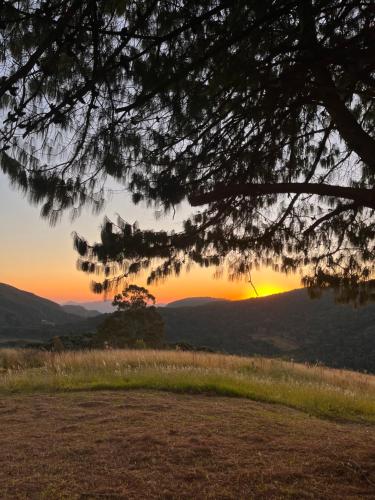 a sunset over a field with a tree at Chacara Recanto dos Pássaros in Camanducaia