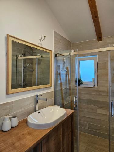 uma casa de banho com um lavatório e uma cabina de duche em vidro. em Cozy waterfront home em Šibenik