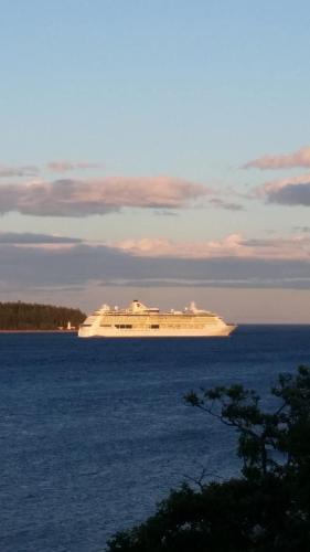an island in the ocean with a large cruise ship at Above Tide Motel in Campbell River