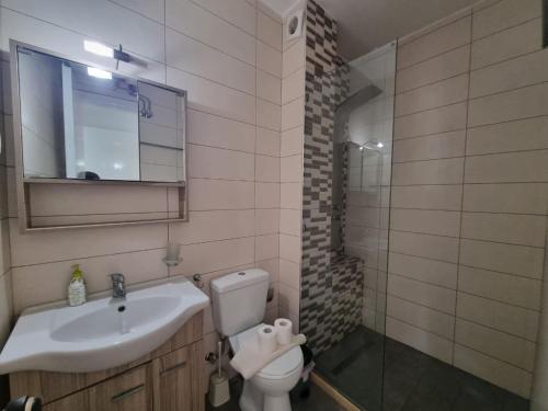 a bathroom with a sink and a toilet and a mirror at Corfu Dream Holidays Villas in Glyfada