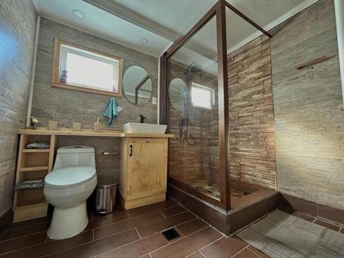 a bathroom with a toilet and a shower and a sink at Downtown’s Sweet House in Puerto Natales